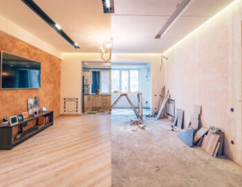 Modern interior design of big living-kitchen studio room, before and after